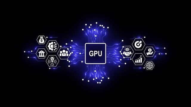 Futuristic GPU Technology Concept with Digital Network and Business Icons
