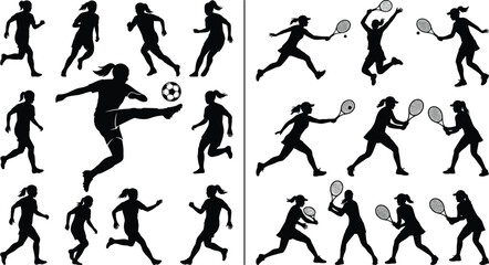 Silhouettes of Female Athletes Playing Soccer and Tennis Dynamic Action Sports Poses Isolated on White © MdAbdus