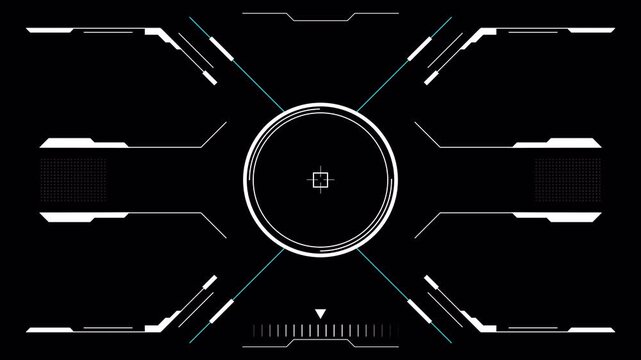 Futuristic HUD Alpha Channel Overlay with Central Circular Target, Symmetrical Tech Frame and White Sci Fi Interface Graphics