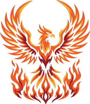 Fire Phoenix Rising Bird, Mythical Flaming Wings Vector Illustration, Fantasy Logo Design