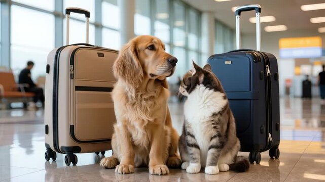 Dog and cat with suitcases at airport terminal, cute pets traveling together, humorous vacation concept in modern departure hall scene