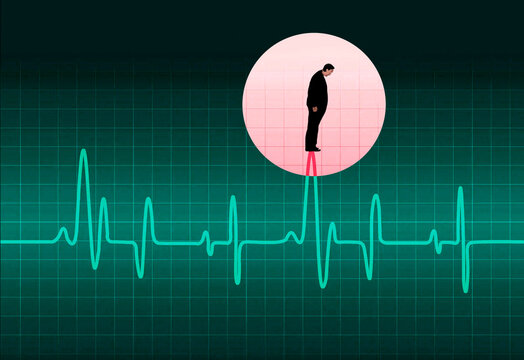 Overweight silhouette balancing on medical heartbeat graph
