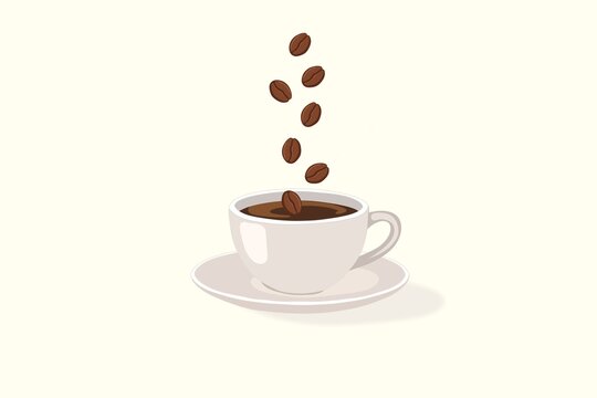Coffee beans falling into a white cup of espresso