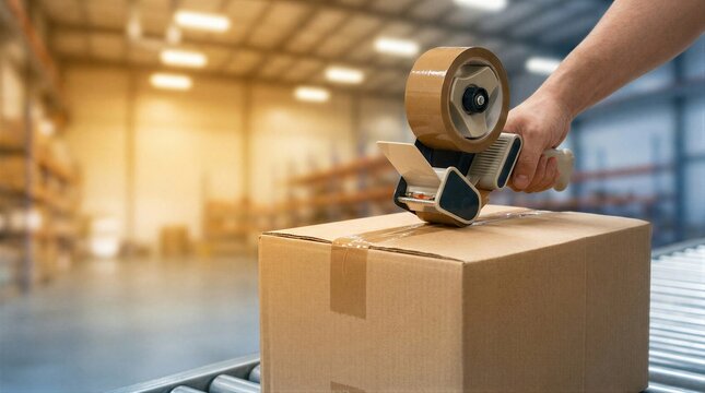 Worker hand sealing cardboard box with tape dispenser in warehouse facility. Logistic professional preparing parcel for shipment. E-commerce delivery service and storage industry process concept.