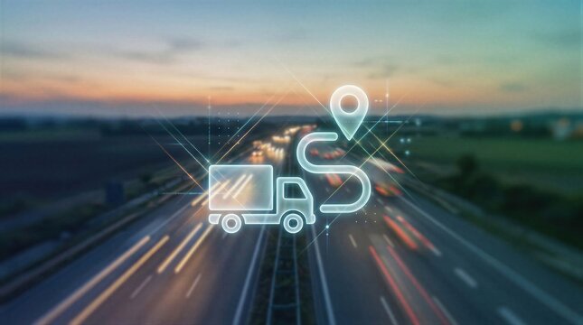 Digital delivery truck icon overlaying highway traffic at sunset. Concept of logistics, e-commerce supply chain management, and shipment tracking technology for global business growth.