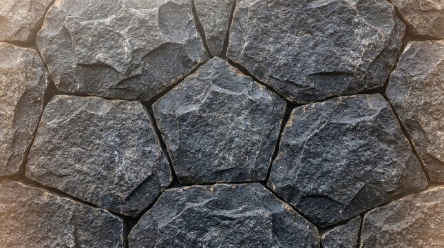 Natural dark stone wall texture, rugged volcanic rock masonry background, charcoal grey basalt stone cladding for architectural design