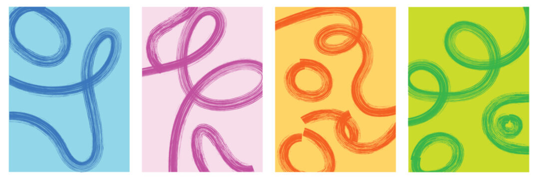 Colorful squiggle brush stokes poster or social post design. Hand drawn wavy organic kids organic geometric loop lines.
