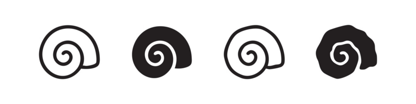 Snail Shell Icon Set. Nature and marine life symbols with spiral designs.