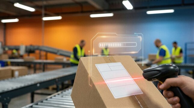 Man scanning cardboard box with barcode reader in warehouse. Augmented reality technology for logistics and shipping. Digital tracking system in ecommerce supply chain management operation.