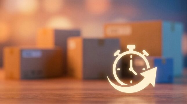 Fast delivery concept with clock icon and cardboard boxes. Express shipping and logistics service with timely parcel arrival. Quick e-commerce order fulfillment and distribution process.