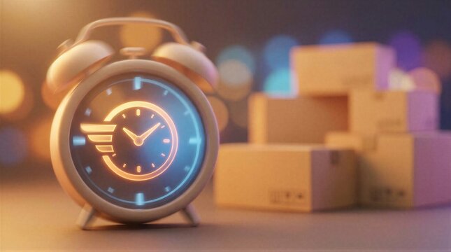 Alarm clock with fast shipping icon symbol and delivery cardboard boxes. Express delivery and logistics concept. Online store purchase tracking and shipment update for e-commerce.