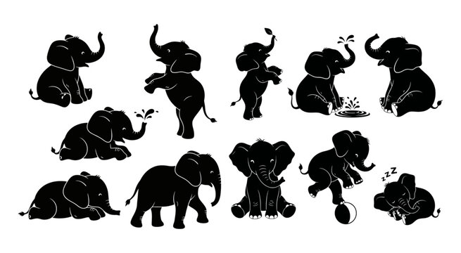 Set of cute baby elephant silhouettes in different poses and activities