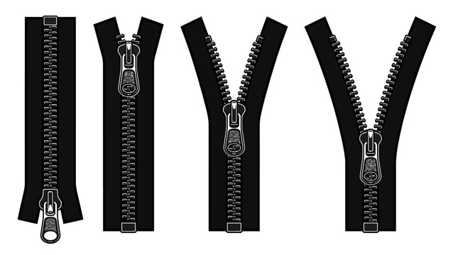 Four black zippers with metal teeth and pulls on a white background