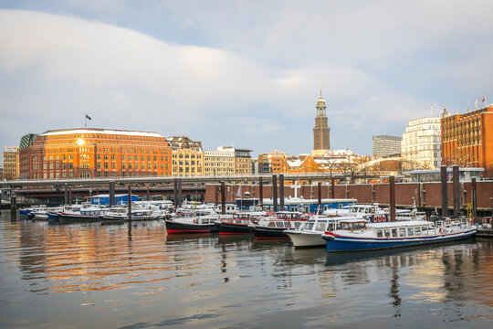 Winter view of Binnenhafen and St Michaelis Church in Hamburg