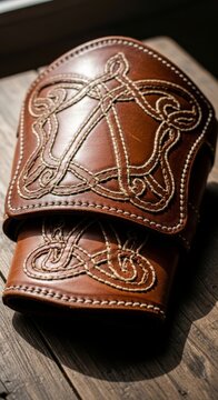 Pair of Worn Leather Archery Bracers with Intricate Design