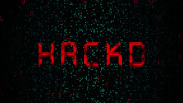 Hacked text animation with red pixel effect. Hacked digital matrix security breach. Hacked glowing word on black background.