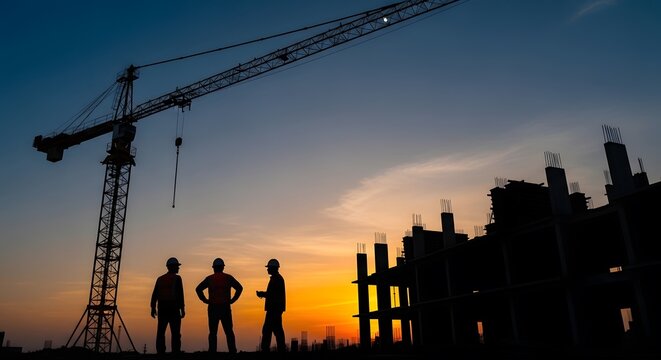 Construction workers silhouetted against a vibrant sunset sky