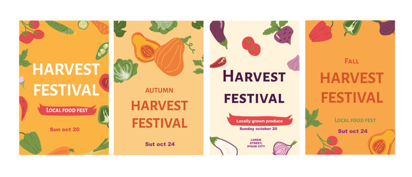 Autumn harvest festival posters featuring colorful produce and local food fest dates. Set of fall harvest designs for invitations, flyers. Vegetables fair vertical event promotion cards.