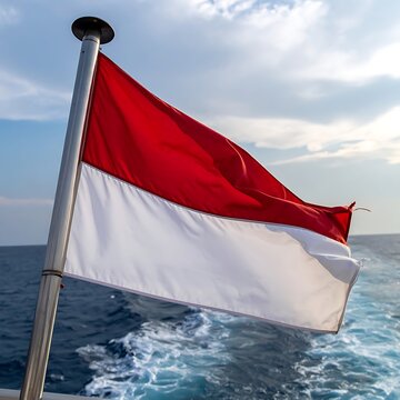 Indonesian flag waving on boat sea.
