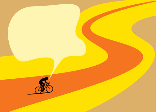 Silhouette cycling on a winding road with a blank speech bubble