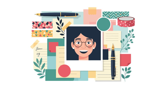 Creative womans portrait surrounded by journaling supplies.