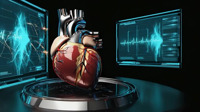 Artificial heart constructed from metal parts and cables beating steadily while medical monitors display biometric data in high tech laboratory. Advanced healthcare concept