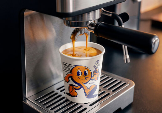 Coffee cup mockup under espresso machine