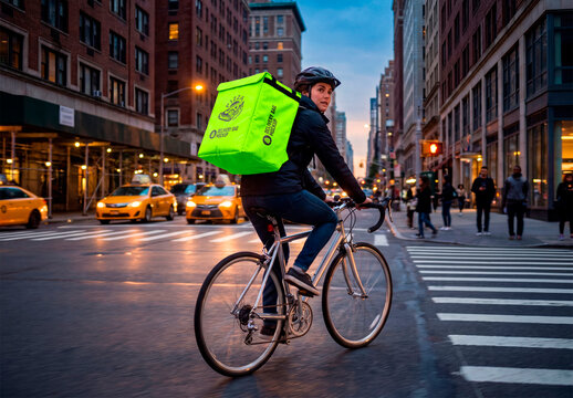 Bicycle courier with delivery backpack in city