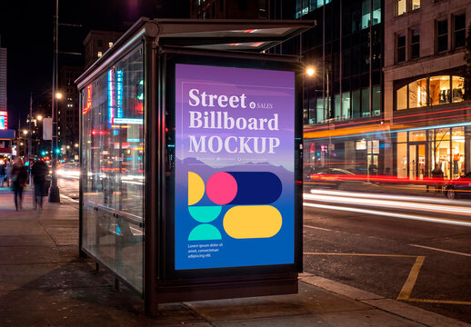 Bus stop billboard mockup at night in city