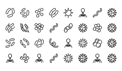 Microbe and bacteria outline icon set with virus shapes minimal line vector collection