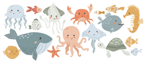 Colorful cartoon sea creatures collection with whales, octopuses, jellyfish, anglerfish, angelfish, turtle, porcupine puffer fish, goldfish, squid isolated vector illustration © ZhumaStudio
