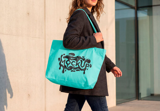 Tote bag mockup carried by woman outdoors