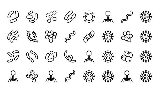 Microbe and bacteria outline icon set with virus shapes minimal line vector collection