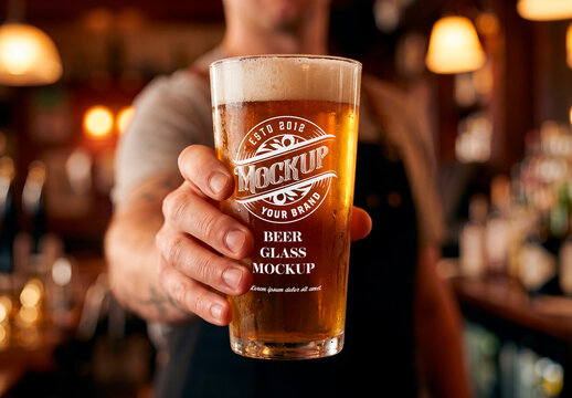 Glass of beer in hand bar background shallow depth