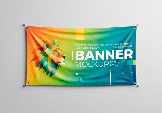 Horizontal fabric banner mockup with wrinkles and pins
