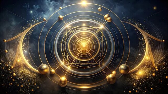 Abstract digital artwork, celestial spheres and linear golden designs on a dark background