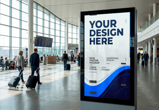 Digital advertising screen mockup inside airport terminal
