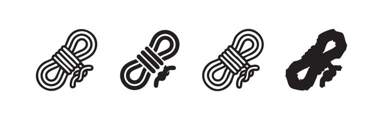 Set of four climbing rope icons, two outline and two silhouette, tied in a bundle. © liubomir118809