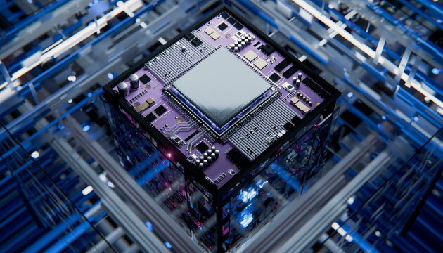 Modern 3D rendering of a glowing microchip and computer circuit