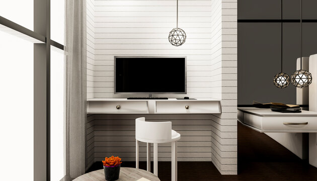 Modern 3D render of a home office with desk and television