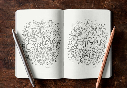 Open notebook mockup with pen and pencil on desk