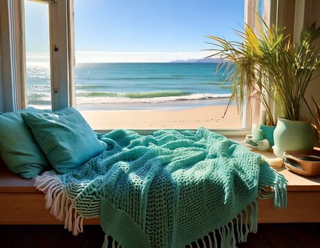 Cozy Blanket And Pillows By A Sunny Window With An Ocean Beach View