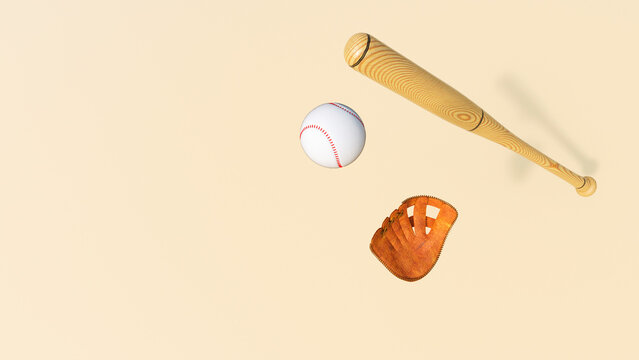 Floating 3D baseball bat glove and ball on beige background