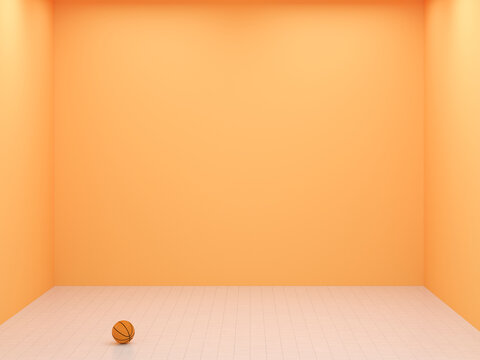 Basketball on tiled floor in empty orange room with copy space