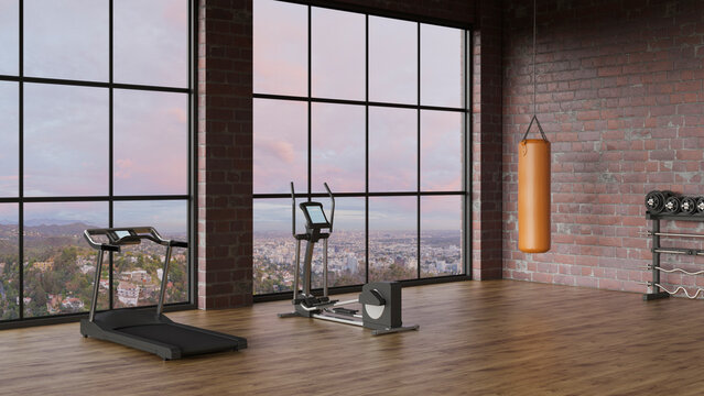 Empty modern indoor gym 3d rendering with equipment and sunset