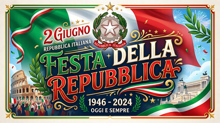 italian republic day celebration poster with national symbols and 2024 anniversary