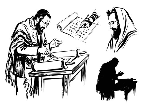 Jewish man reading Torah, minimalist brush line art, black ink vector illustration, tallit bearded figure