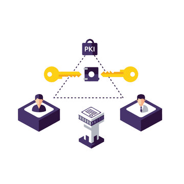 Public Key Infrastructure (PKI) concept with digital keys, lock, and users, representing secure data exchange.