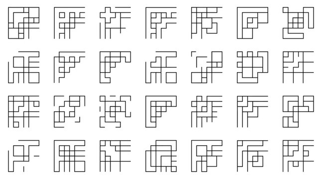 Geometric line pattern collection. Set of abstract square compositions with grid lines, intersections, blocks and minimal geometric structures. Clean linear style
