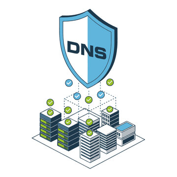 Secure DNS server protection with shield and verification checks, representing network security and data integrity.